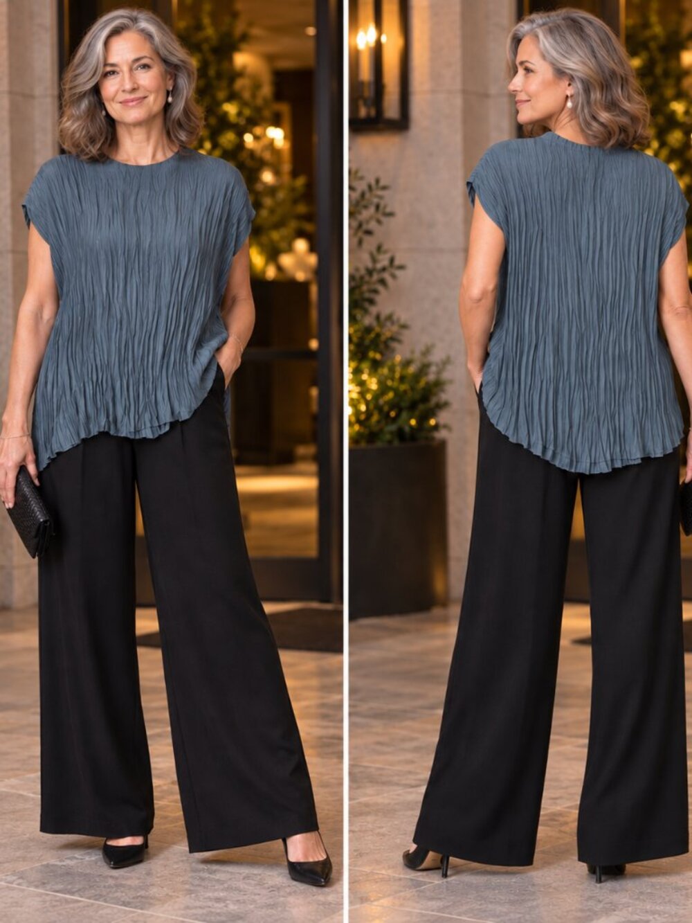 Eileen Fisher Dark Teal Pleated Evening Top M